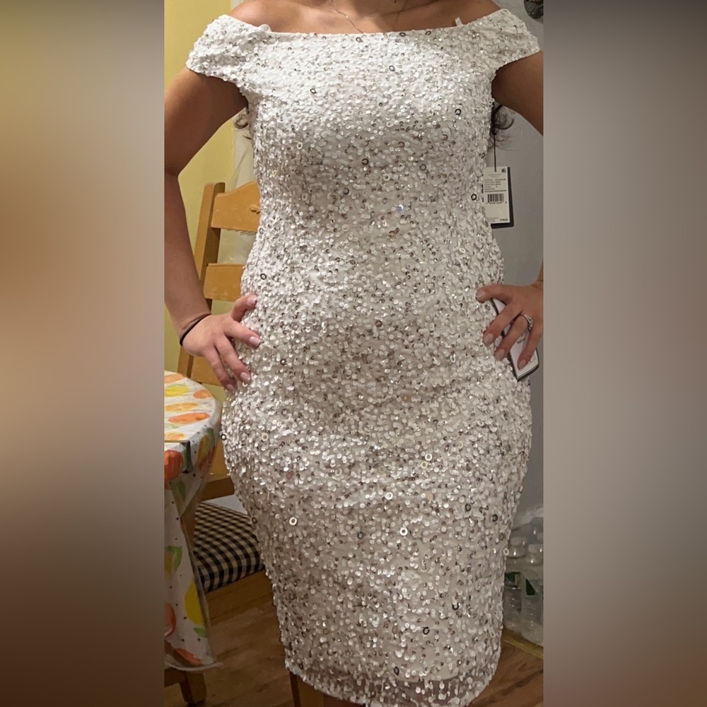 Adriana Papell ivory/silver sequin & beaded dress!
